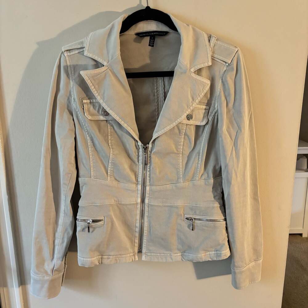 White House Black Market Tan Peplum Zip-Up Utility Jacket Size 2